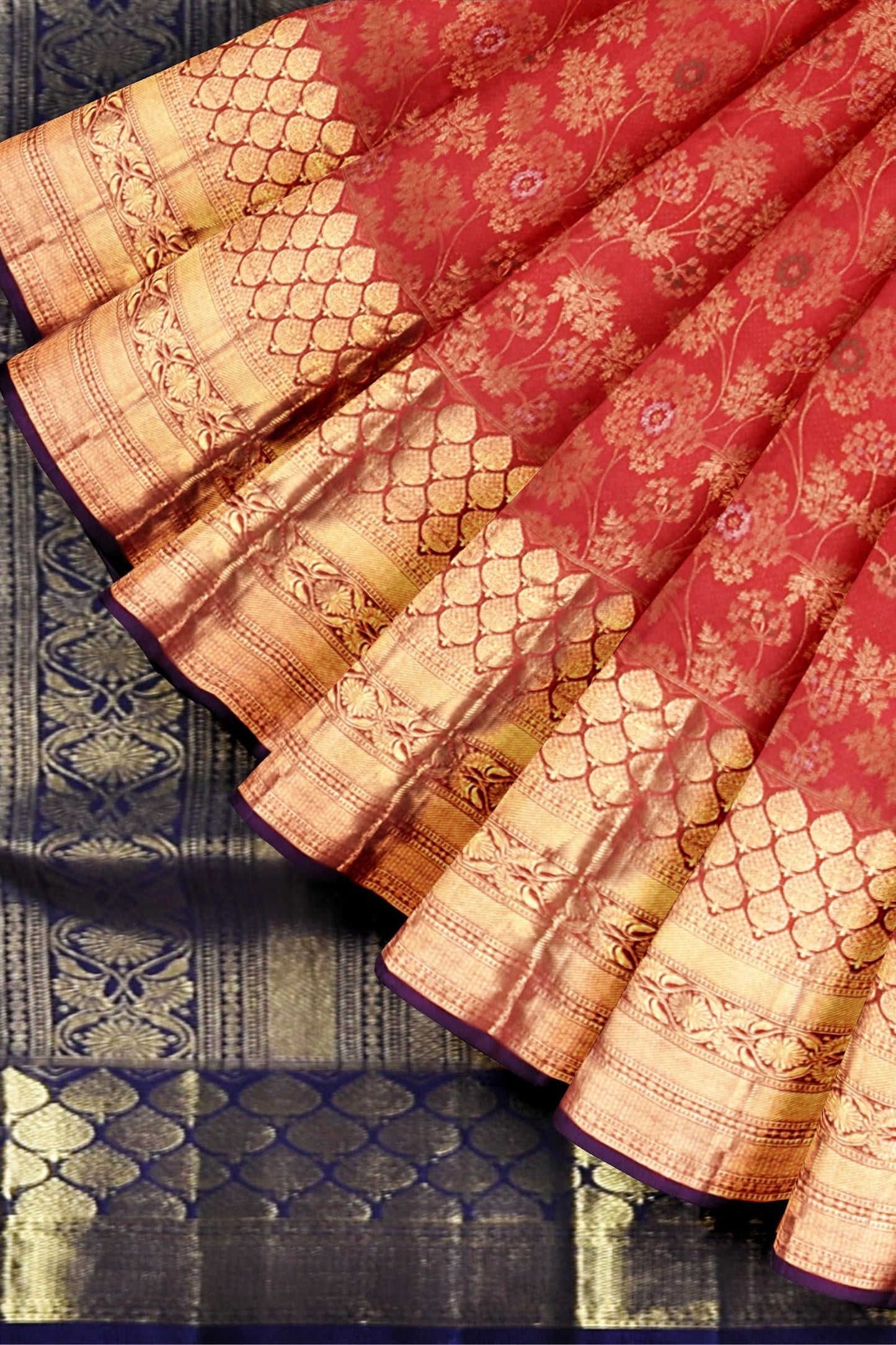 Red Kanchipuram Bridal Pure Silk Flower All Over Jaal Body Strawberry Butta Border Blue Contrast Pallu Saree