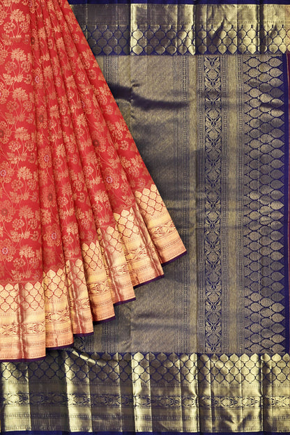 Red Kanchipuram Bridal Pure Silk Flower All Over Jaal Body Strawberry Butta Border Blue Contrast Pallu Saree