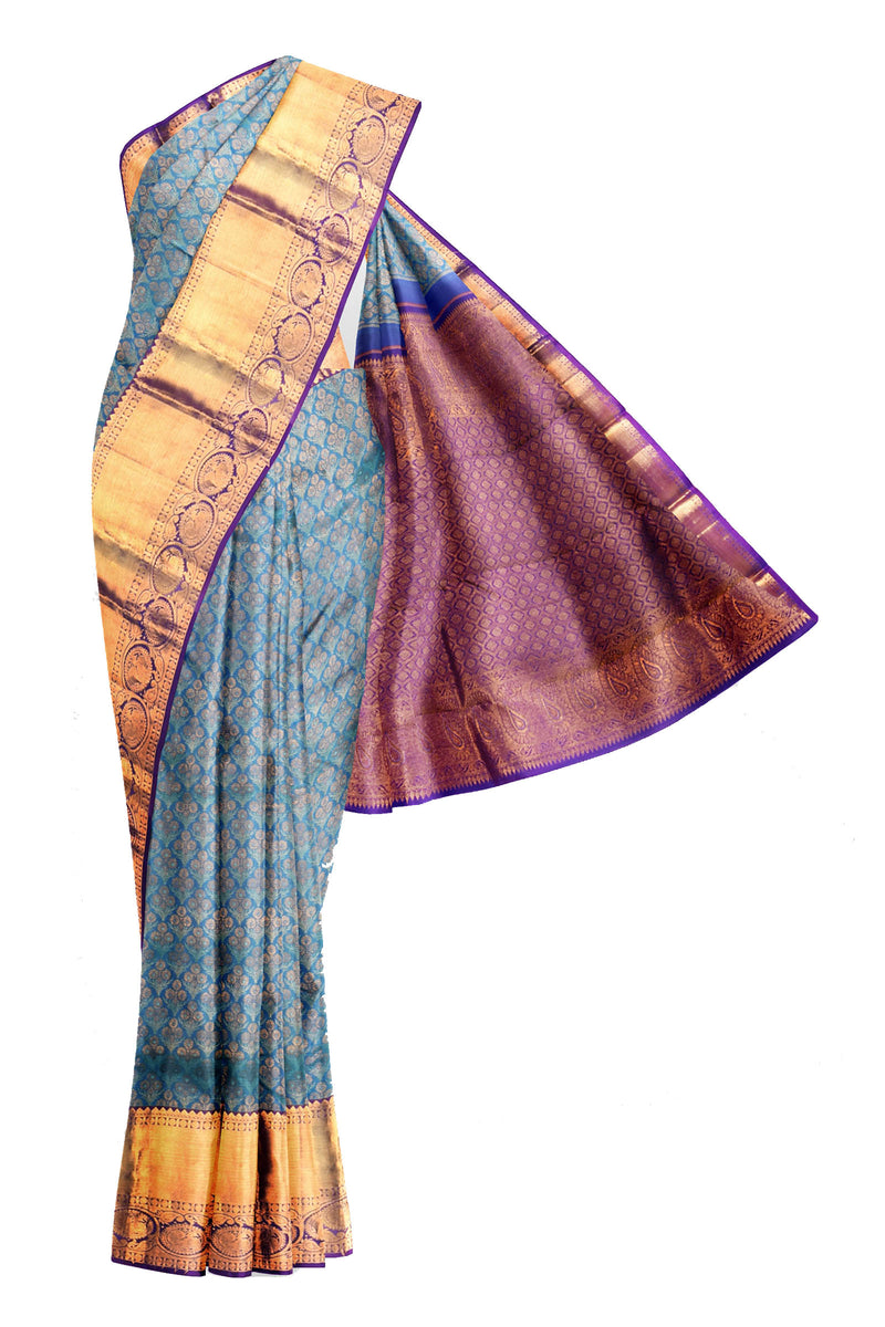 Blue Kanchipuram Bridal Pure Silk Flower Pattern Body Violet Contrast Pallu Saree