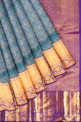 Blue Kanchipuram Bridal Pure Silk Flower Pattern Body Violet Contrast Pallu Saree