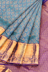 Blue Kanchipuram Bridal Pure Silk Flower Pattern Body Violet Contrast Pallu Saree