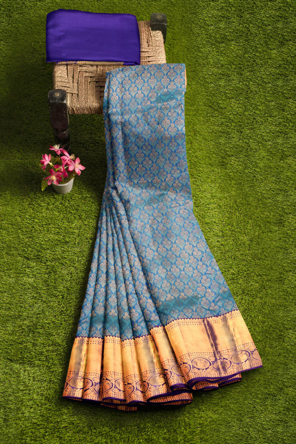 Blue Kanchipuram Bridal Pure Silk Flower Pattern Body Violet Contrast Pallu Saree