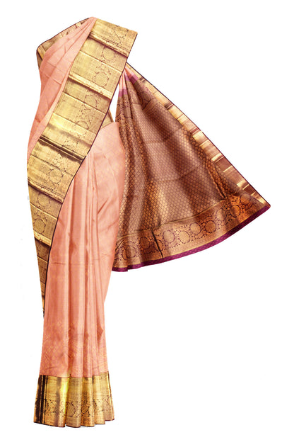 Peach Kanchipuram Bridal Pure Silk Flower Border Magenta Contrast Pallu Saree