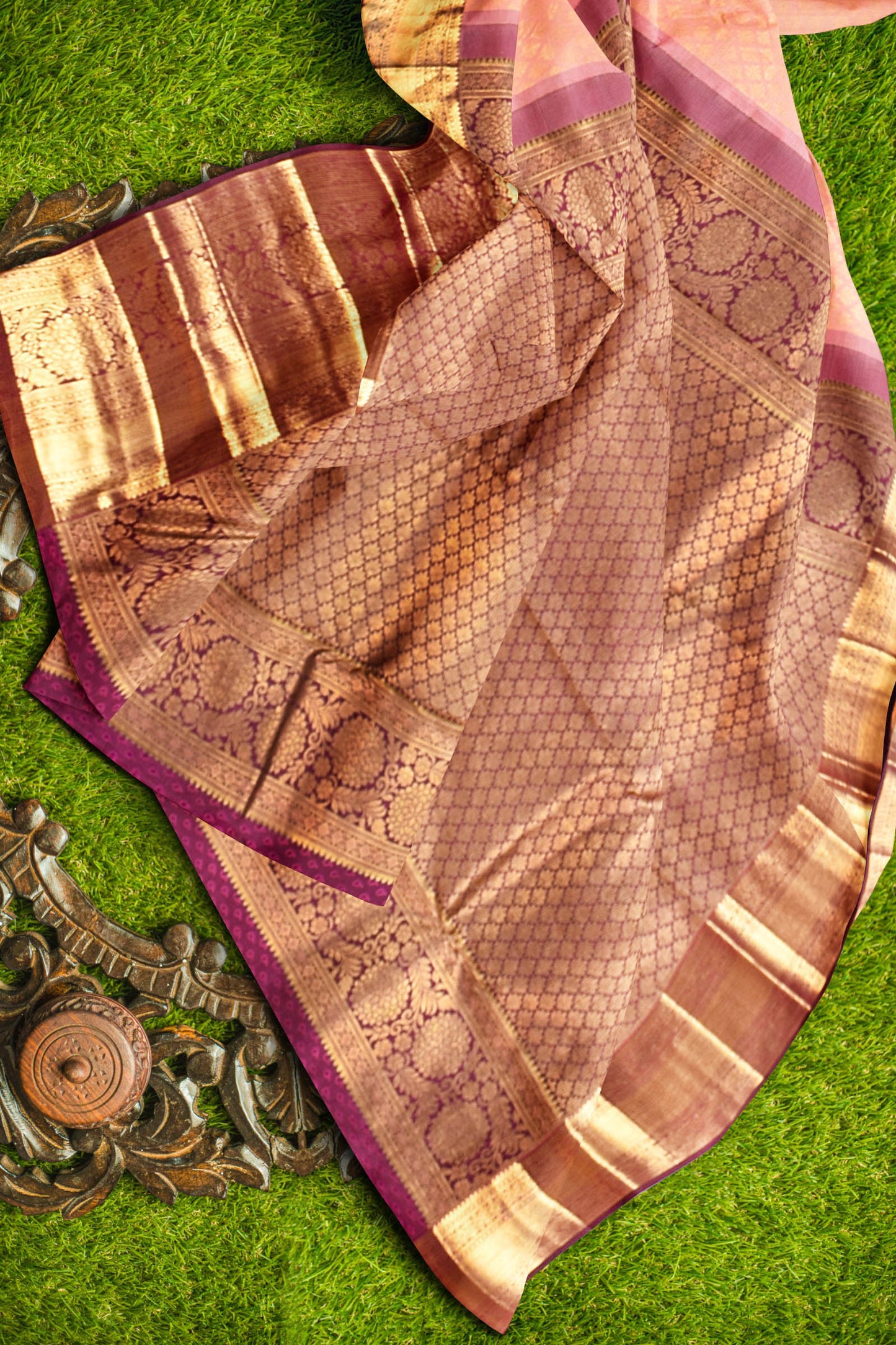 Peach Kanchipuram Bridal Pure Silk Flower Border Magenta Contrast Pallu Saree