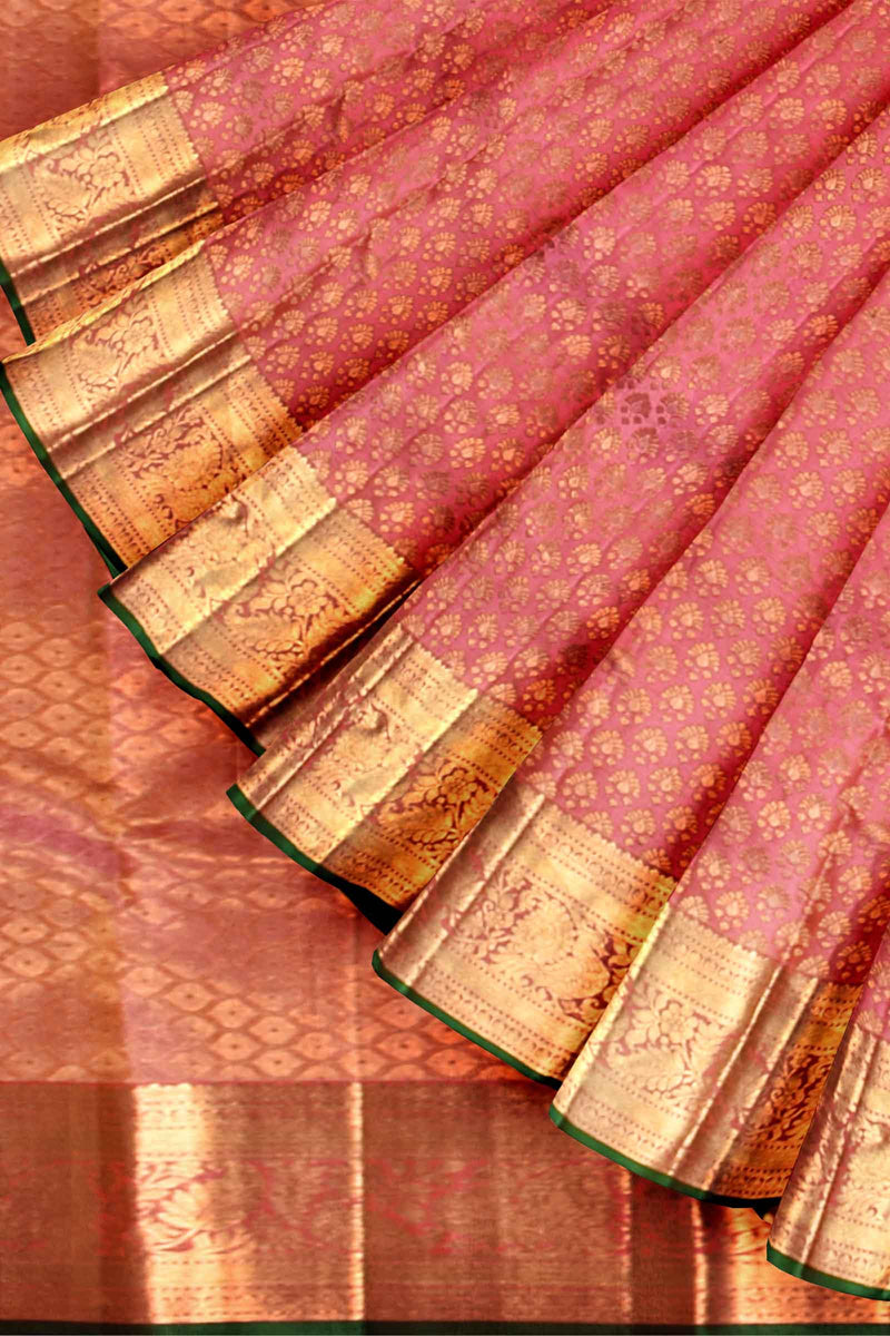 Pink Kanchipuram Bridal Pure Silk All Over Butta Peacock Border Self Pallu Saree