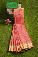 Pink Kanchipuram Bridal Pure Silk All Over Butta Peacock Border Self Pallu Saree