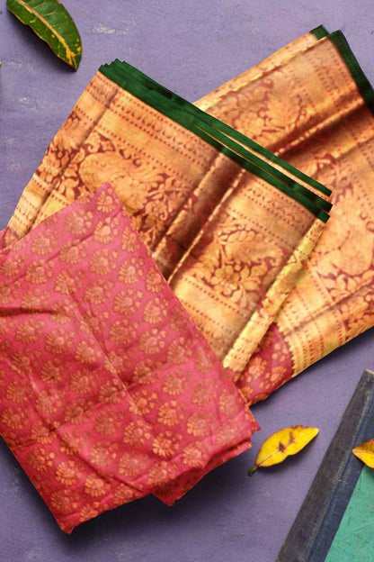 Pink Kanchipuram Bridal Pure Silk All Over Butta Peacock Border Self Pallu Saree