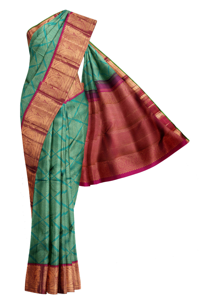 Green Kanchipuram Bridal Pure Silk Paisley Border Dark Pink Contrast Pallu Saree