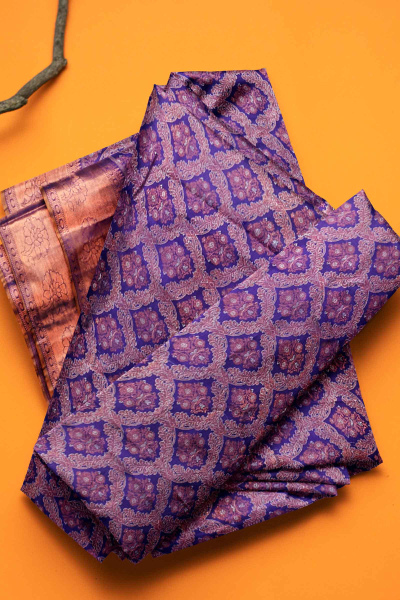 Purple Kanchipuram Bridal Pure Silk Interchain Body Self Pallu Saree