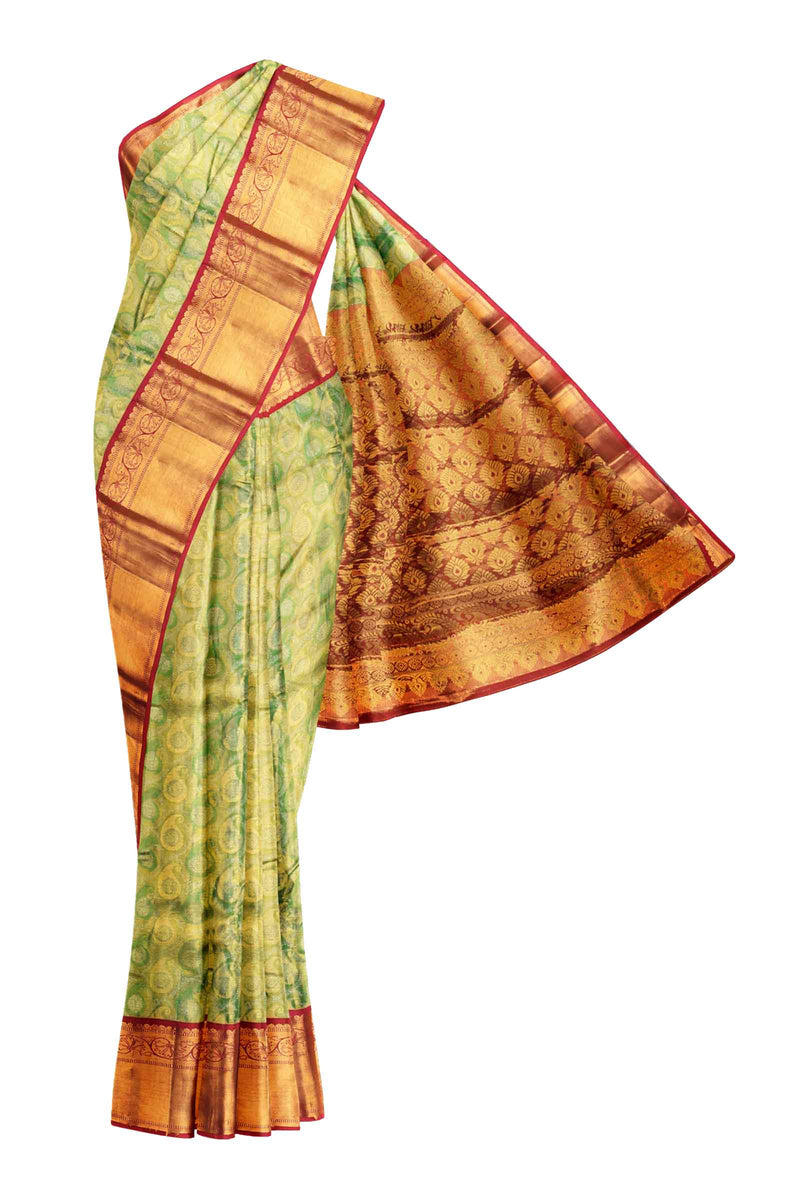 Green Kanchipuram Bridal Pure Silk Mango Butta Body Tissue Pink Contrast Pallu Saree