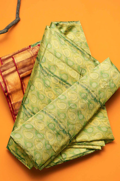 Green Kanchipuram Bridal Pure Silk Mango Butta Body Tissue Pink Contrast Pallu Saree