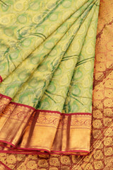 Green Kanchipuram Bridal Pure Silk Mango Butta Body Tissue Pink Contrast Pallu Saree