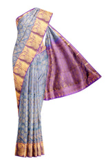 Blue Kanchipuram Bridal Pure Silk  Sunflower Border Purple Contrast Pallu Saree