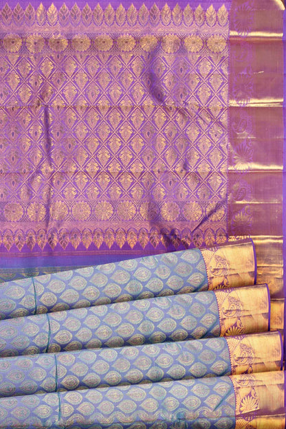 Blue Kanchipuram Bridal Pure Silk  Sunflower Border Purple Contrast Pallu Saree