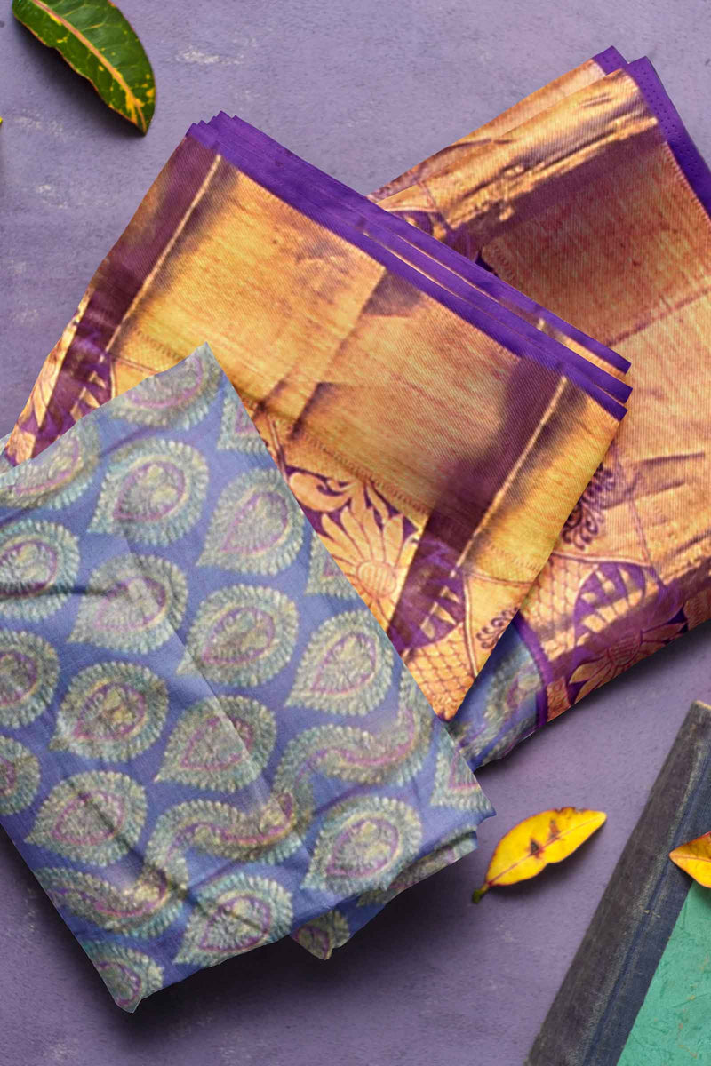 Blue Kanchipuram Bridal Pure Silk  Sunflower Border Purple Contrast Pallu Saree