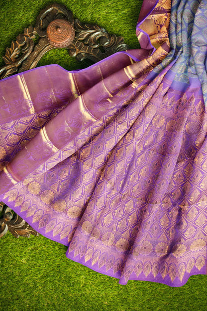 Blue Kanchipuram Bridal Pure Silk  Sunflower Border Purple Contrast Pallu Saree