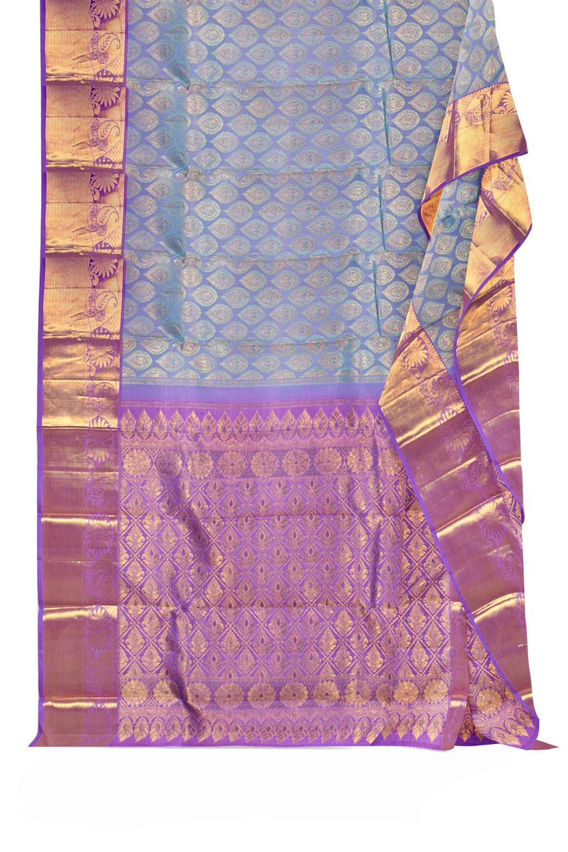 Blue Kanchipuram Bridal Pure Silk  Sunflower Border Purple Contrast Pallu Saree