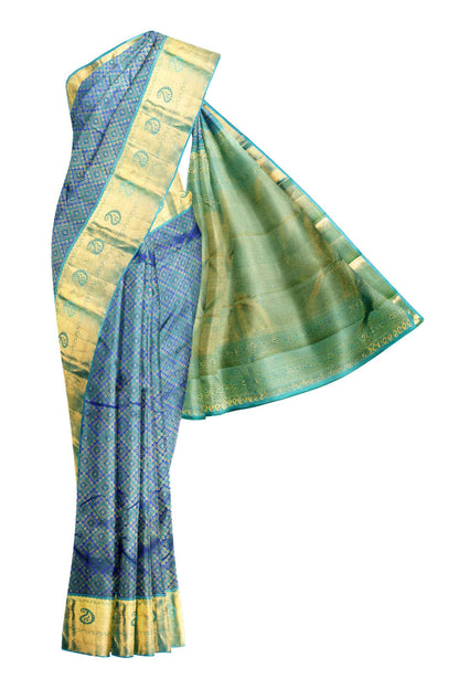 Blue Kanchipuram Bridal Pure Silk Full Diamond Pattern Body Mango Border Green Contrast Pallu Saree