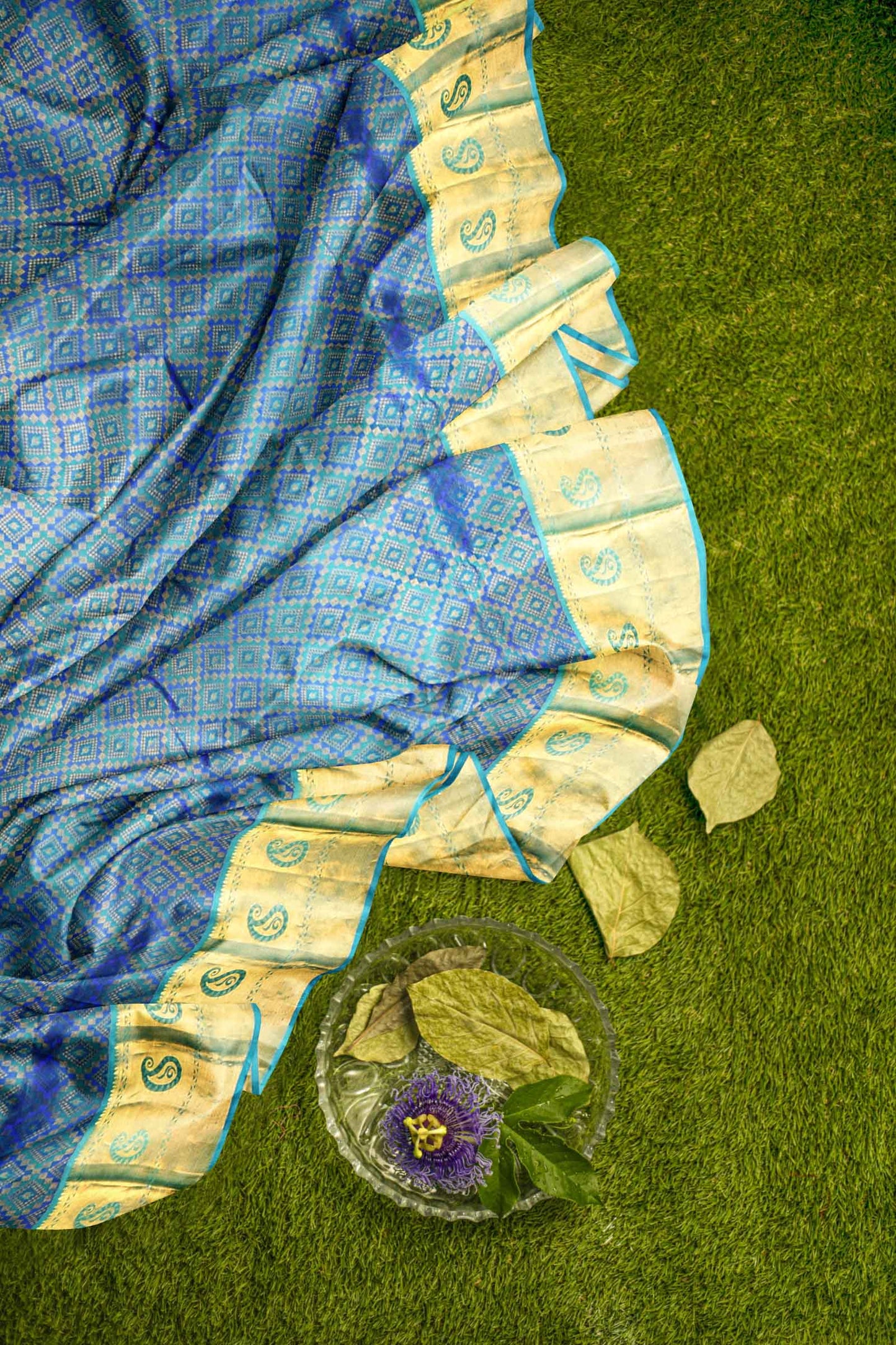 Blue Kanchipuram Bridal Pure Silk Full Diamond Pattern Body Mango Border Green Contrast Pallu Saree