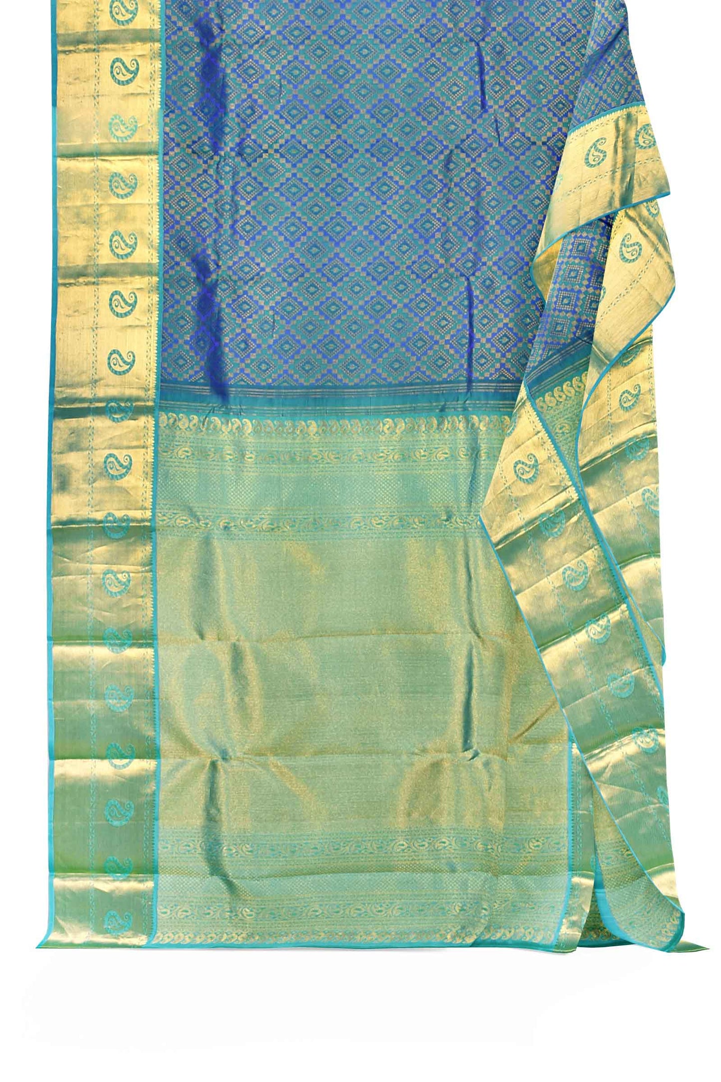 Blue Kanchipuram Bridal Pure Silk Full Diamond Pattern Body Mango Border Green Contrast Pallu Saree