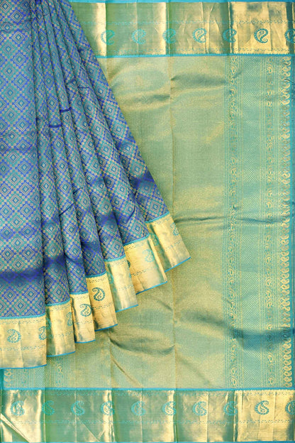 Blue Kanchipuram Bridal Pure Silk Full Diamond Pattern Body Mango Border Green Contrast Pallu Saree