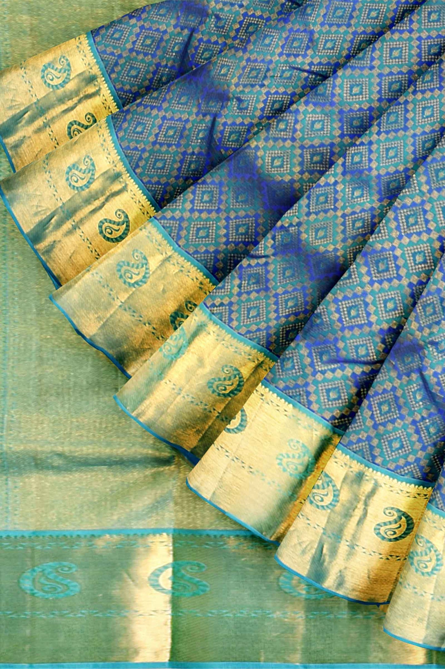 Blue Kanchipuram Bridal Pure Silk Full Diamond Pattern Body Mango Border Green Contrast Pallu Saree