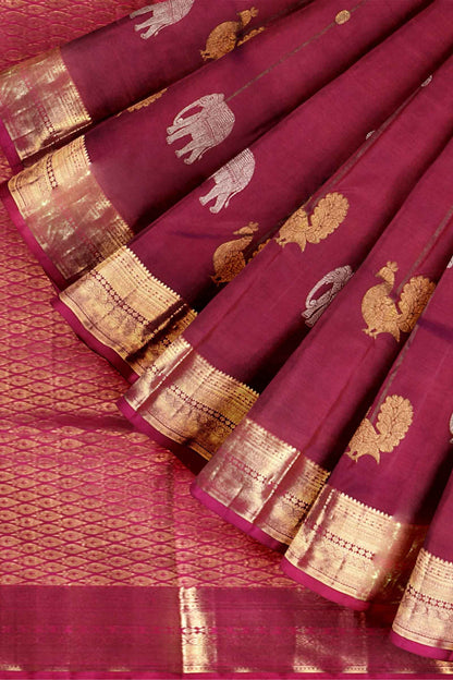 Dark Pink Light Weight Pure Silk Arani Traditional Elephant Peacock Butta Saree