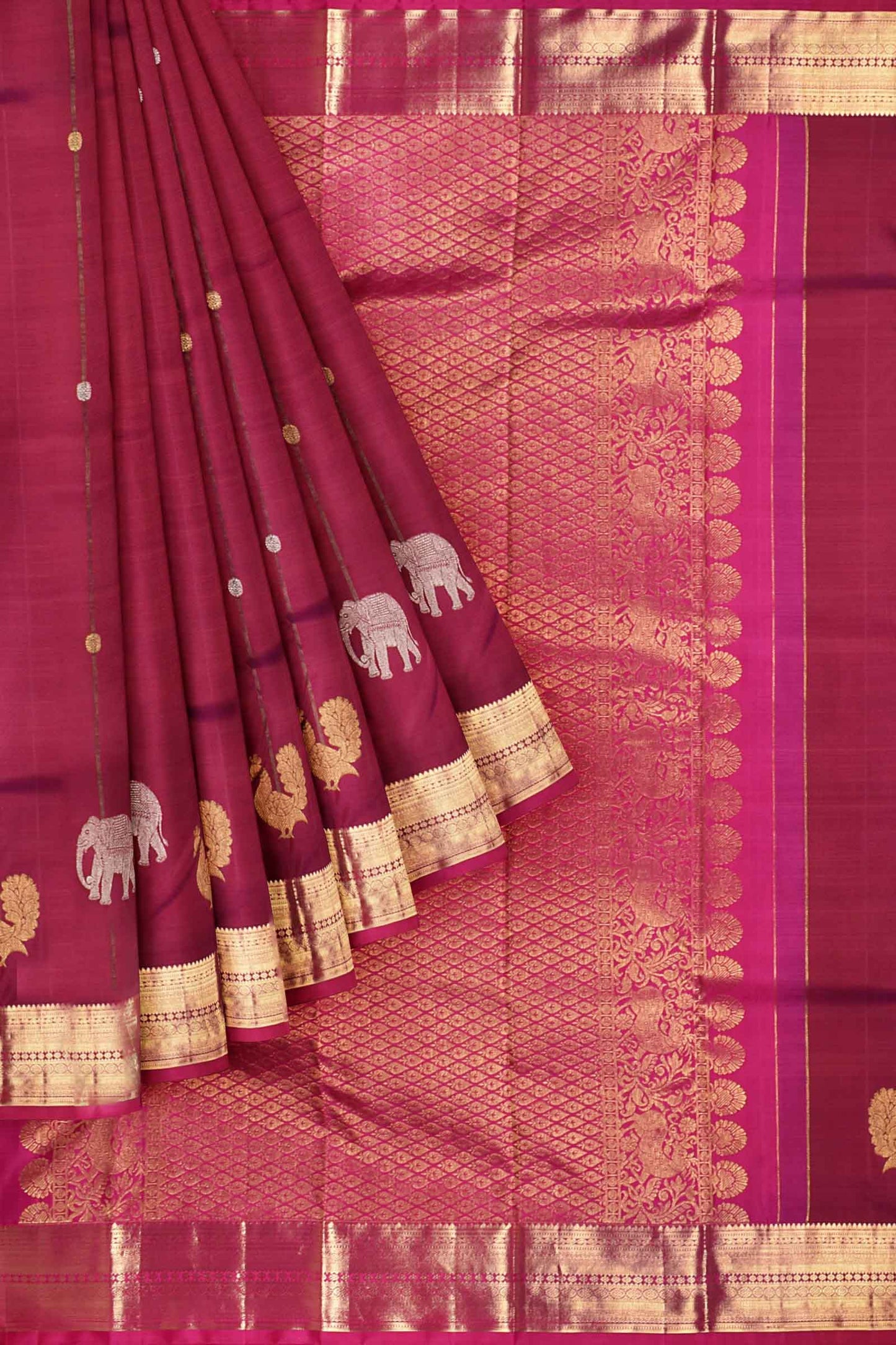 Dark Pink Light Weight Pure Silk Arani Traditional Elephant Peacock Butta Saree