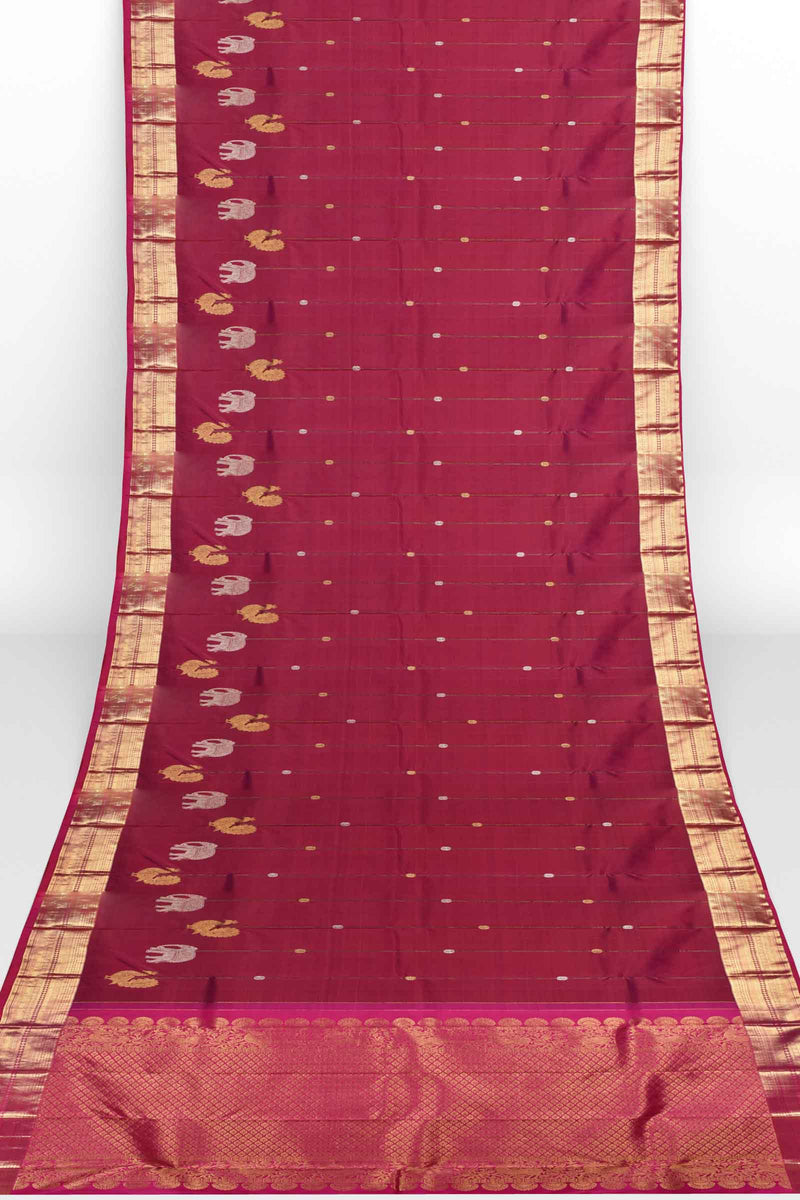 Dark Pink Light Weight Pure Silk Arani Traditional Elephant Peacock Butta Saree