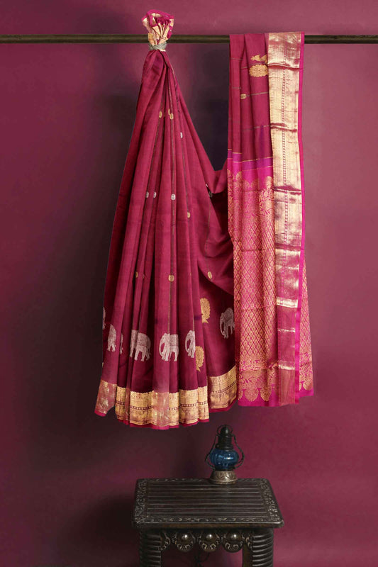 Dark Pink Light Weight Pure Silk Arani Traditional Elephant Peacock Butta Saree