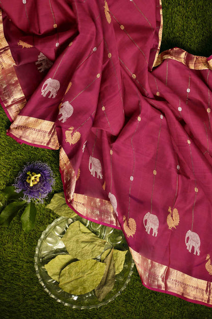 Dark Pink Light Weight Pure Silk Arani Traditional Elephant Peacock Butta Saree