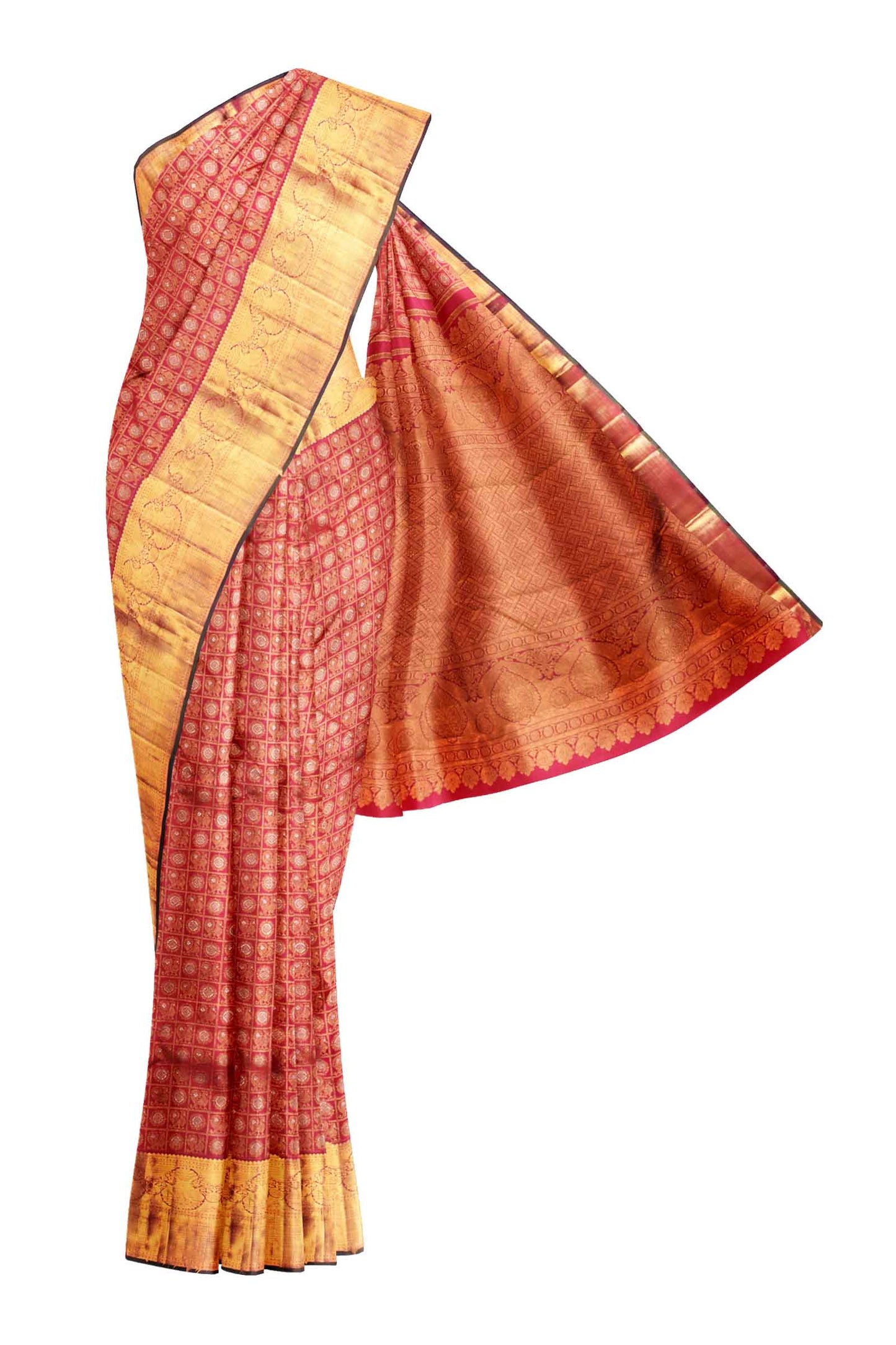 Pink Kanchipuram Bridal Pure Silk Body Checks Peacock All Over Butta Self Pallu Saree