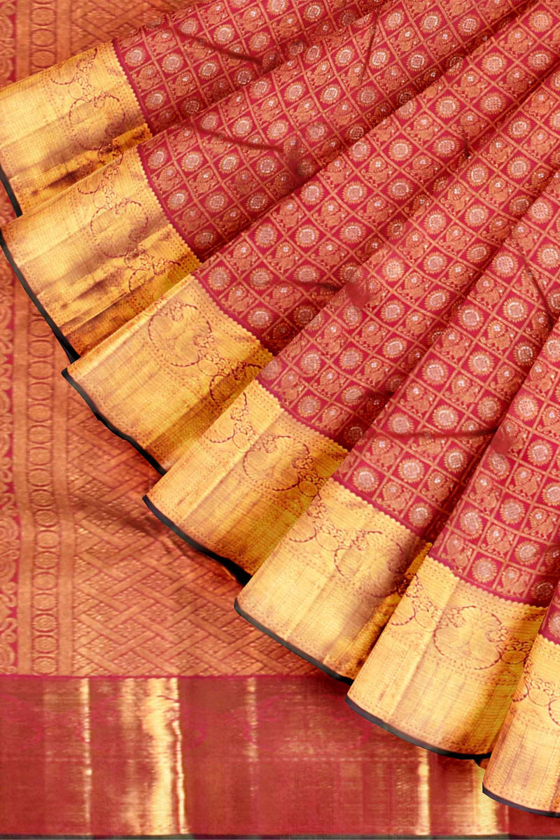 Pink Kanchipuram Bridal Pure Silk Body Checks Peacock All Over Butta Self Pallu Saree