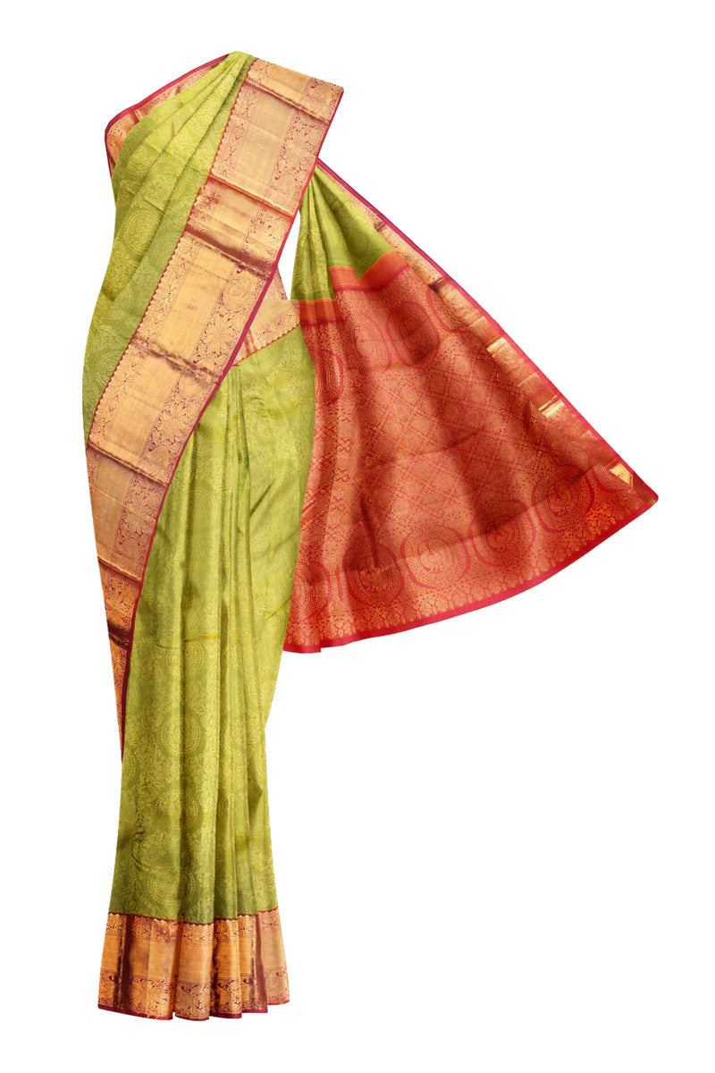 Green Kanchipuram Bridal Pure Silk Peacock Coin Body Peacock Border Pink Contrast Pallu Saree