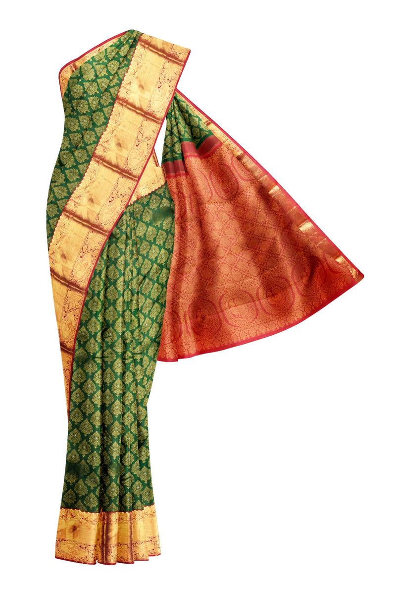 Dark Green Kanchipuram Bridal Pure Silk All Over Butta Body Pink Contrast Pallu Saree