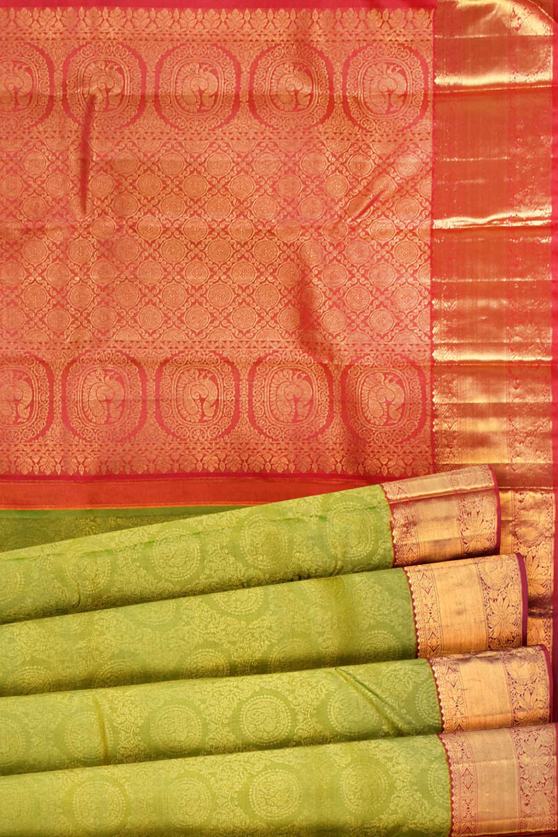 Green Kanchipuram Bridal Pure Silk Peacock Coin Body Peacock Border Pink Contrast Pallu Saree