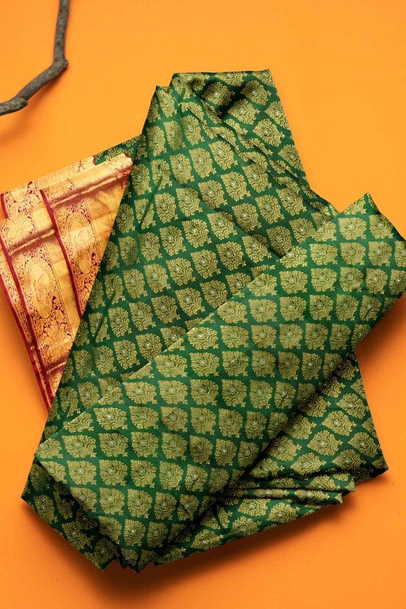 Dark Green Kanchipuram Bridal Pure Silk All Over Butta Body Pink Contrast Pallu Saree