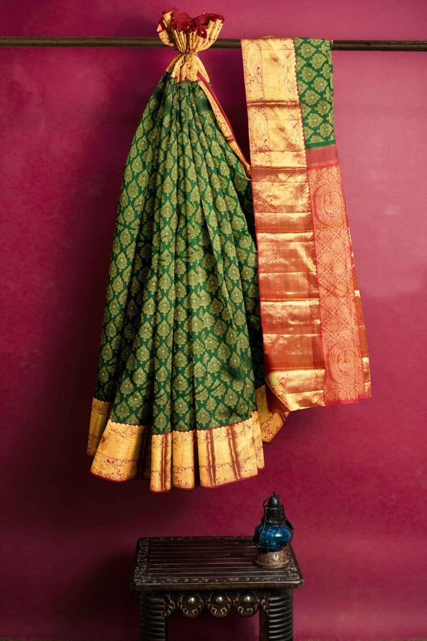 Dark Green Kanchipuram Bridal Pure Silk All Over Butta Body Pink Contrast Pallu Saree