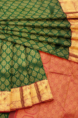 Dark Green Kanchipuram Bridal Pure Silk All Over Butta Body Pink Contrast Pallu Saree