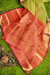 Green Kanchipuram Bridal Pure Silk Peacock Coin Body Peacock Border Pink Contrast Pallu Saree