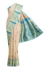 Light Grey Kanchipuram Bridal Pure Silk Mini Flower Butta Korvai Border Blue Contrast Pallu Saree