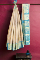 Light Grey Kanchipuram Bridal Pure Silk Mini Flower Butta Korvai Border Blue Contrast Pallu Saree