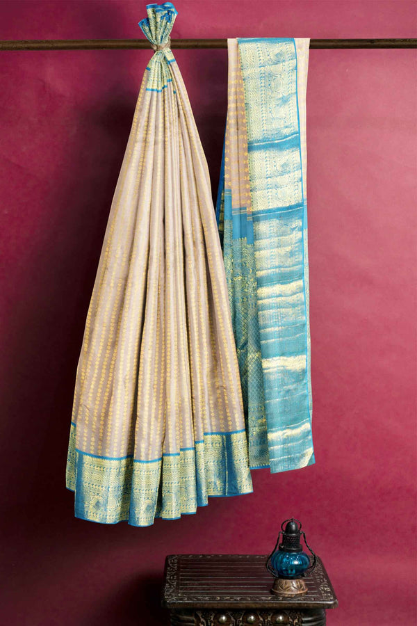 Light Grey Kanchipuram Bridal Pure Silk Mini Flower Butta Korvai Border Blue Contrast Pallu Saree