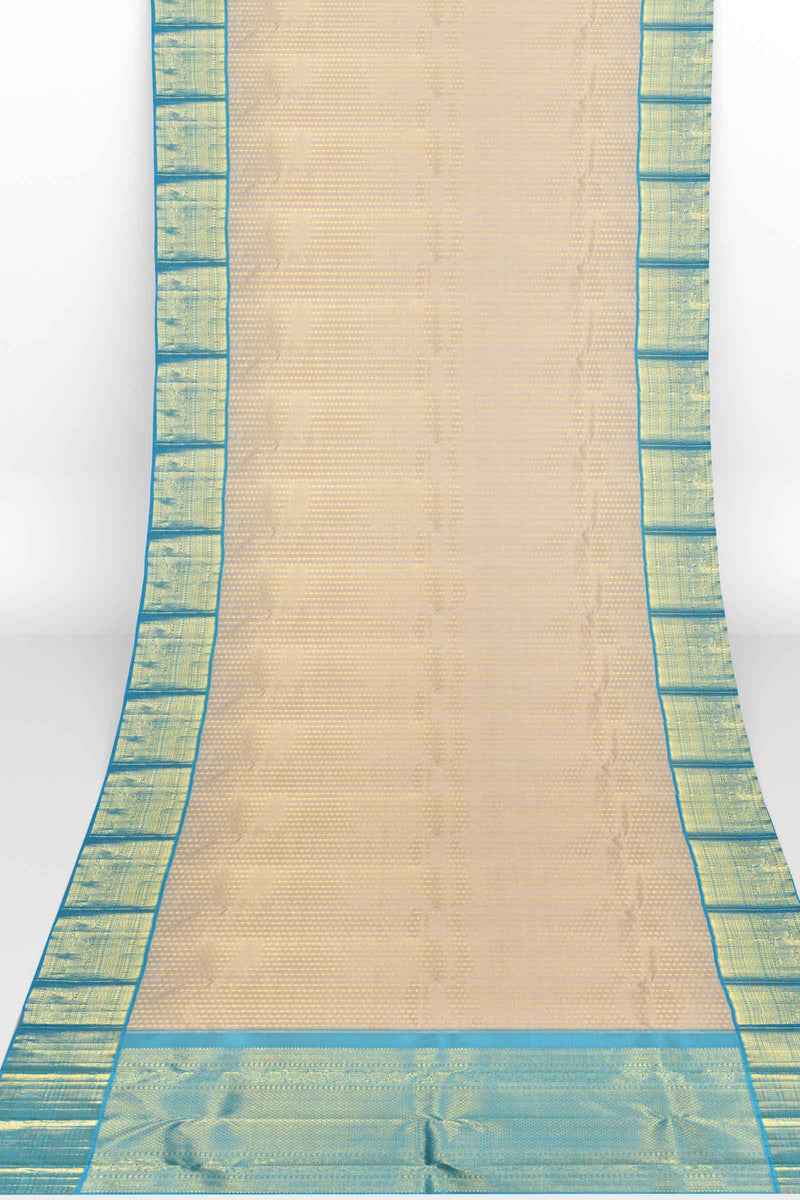 Light Grey Kanchipuram Bridal Pure Silk Mini Flower Butta Korvai Border Blue Contrast Pallu Saree