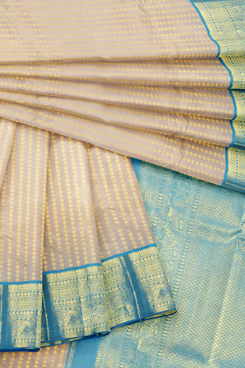 Light Grey Kanchipuram Bridal Pure Silk Mini Flower Butta Korvai Border Blue Contrast Pallu Saree