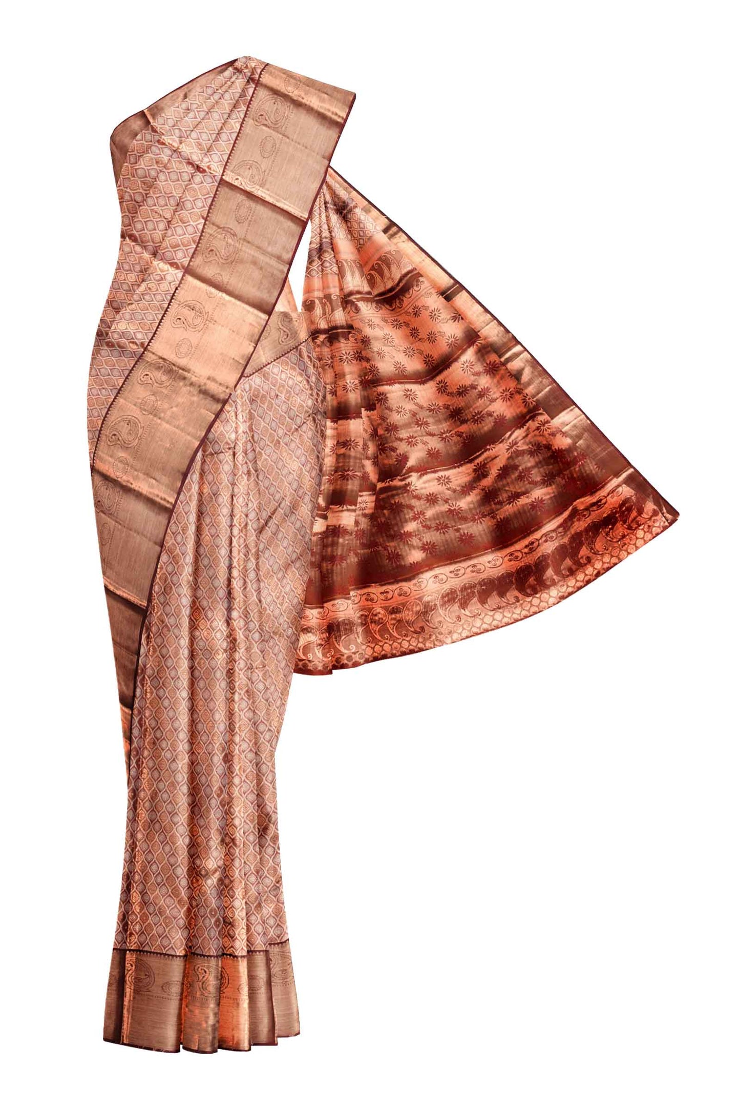 Maroon Kanchipuram Bridal Pure Silk Copper Zari Mango Butta Border Pink Contrast Pallu Saree