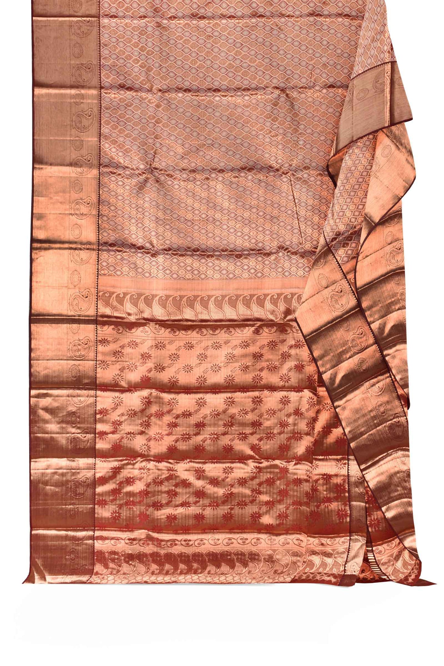 Maroon Kanchipuram Bridal Pure Silk Copper Zari Mango Butta Border Pink Contrast Pallu Saree