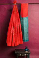 Orange Light Weight Arani Pure Silk Borderless Contrast Blue Pallu Saree