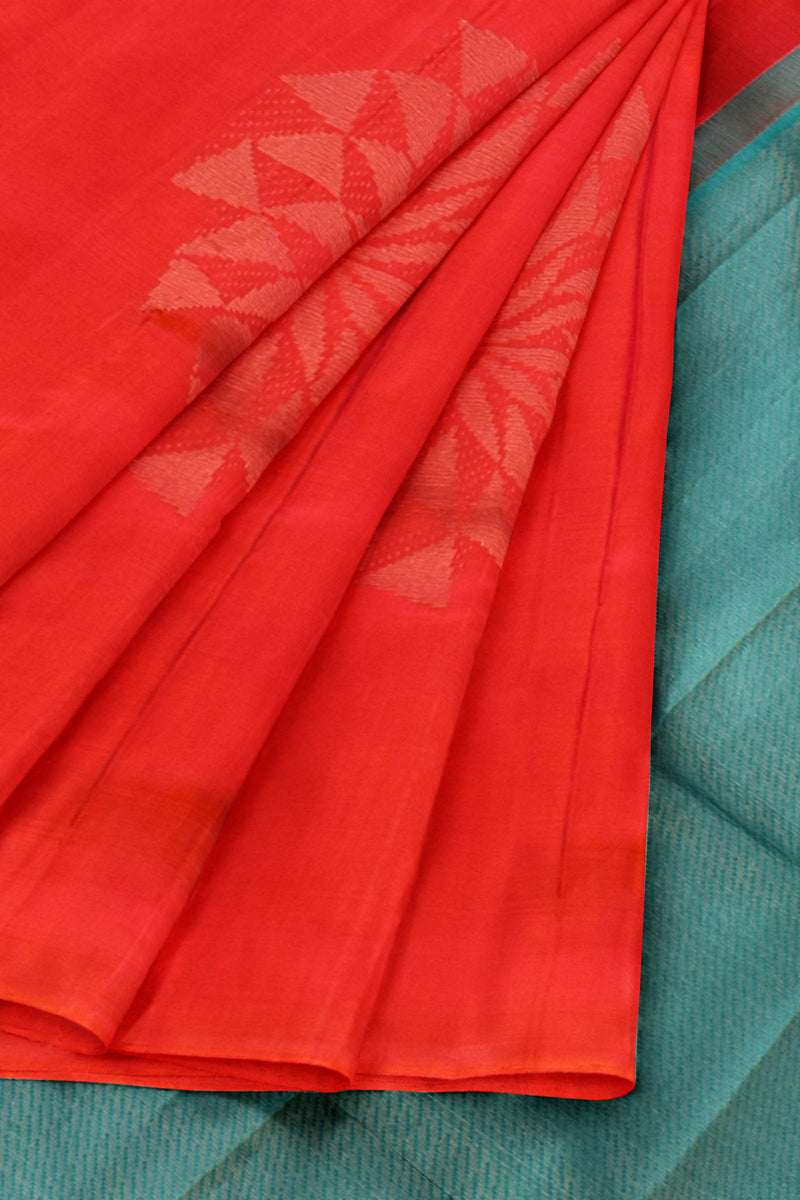 Orange Light Weight Arani Pure Silk Borderless Contrast Blue Pallu Saree