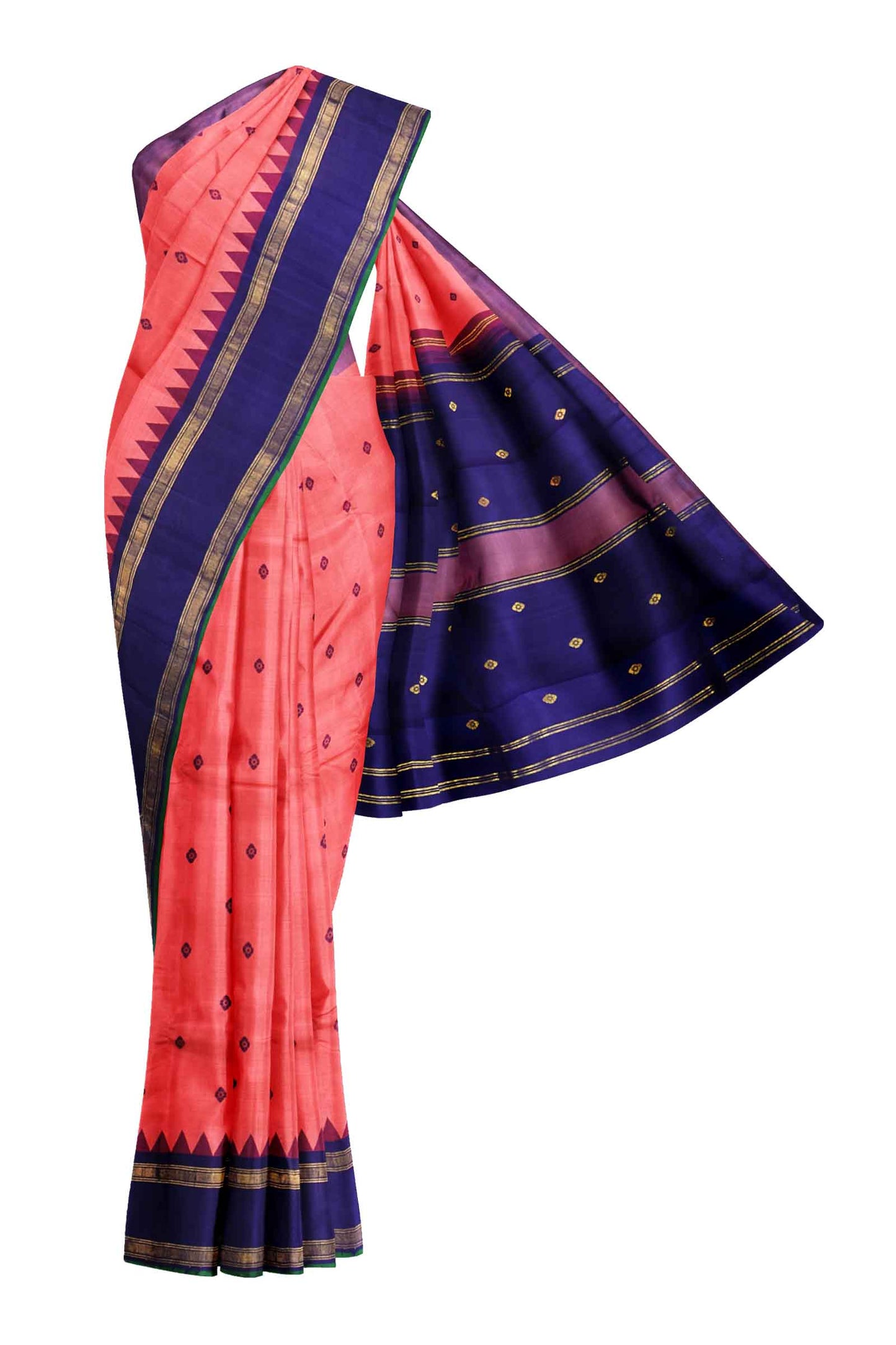 Peach Light Weight Pure Silk Arani Contrast Violet Border Saree